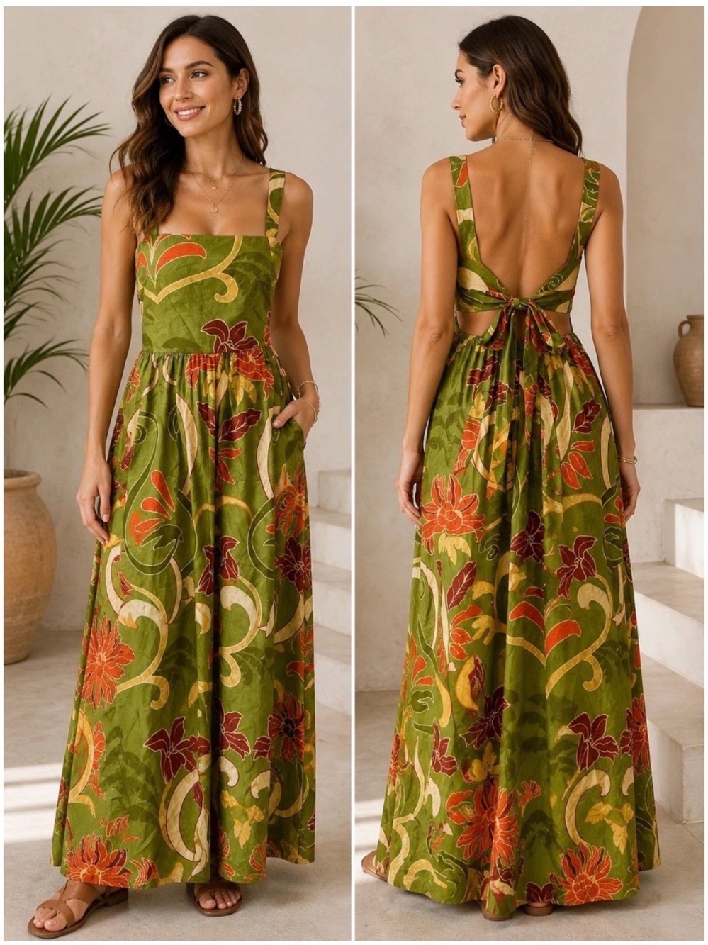 NEW Zara Green Floral Print Cotton Maxi Dress Sleeveless XL Party Wedding Guest